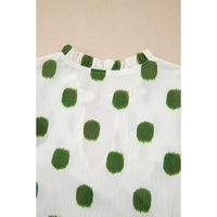 Apricot Polka Dot Print Shirred Yoke Notched Neck Balloon Sleeve Blouse - L thumbnail