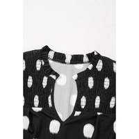 Black Polka Dot Print Shirred Yoke Notched Neck Balloon Sleeve Blouse - L thumbnail