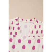 Rose Polka Dot Print Shirred Yoke Notched Neck Balloon Sleeve Blouse - L thumbnail