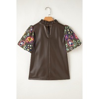 Four Leaf Clover Floral Bubble Sleeve Patchwork Leatherette Frilled Round Neck Blouse - L thumbnail