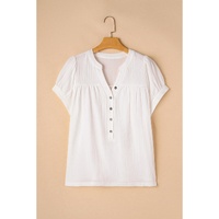 White Textured Short Sleeve Buttons Frayed Blouse - XL thumbnail