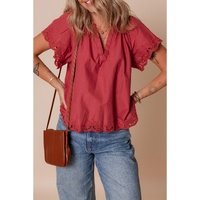 Red Dahlia Floral Embroidered Scallop Trim Short Sleeve V Neck Blouse - L thumbnail