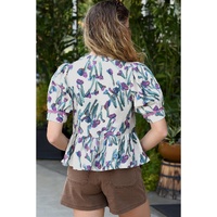 Purple Floral Ricrac Trim Half Sleeve Peplum Top - L thumbnail