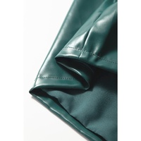 Sea Green  Notched V Neck Short Puff Sleeve PU Leather Blouse - L thumbnail