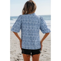 Blue Floral Striped Print Contrast Ric-rac Puff Sleeve Top - L thumbnail