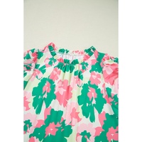 Green Abstract Print Frilly Neck Ruched Short Sleeve Blouse - M thumbnail