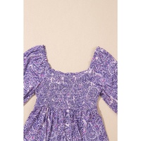 Purple Boho Paisley Print Half Sleeve Shirred Peplum Blouse - L thumbnail