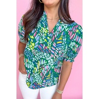 Green Brushwork Geometric Print Puff Sleeve Notched Neck Blouse - L thumbnail
