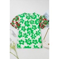 Green Contrast Embroidered Puff Short Sleeve Floral Blouse - L thumbnail