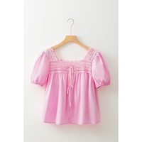 Light Pink Lace Square Neck Patchwork Puff Sleeve Blouse - L thumbnail