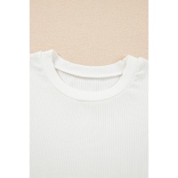 White Eyelet Pattern Short Sleeve Patchwork Ribbed Top - L thumbnail