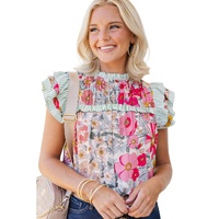 Pink Floral Print Contrast Ruffle Trim Short Sleeve Blouse - L thumbnail