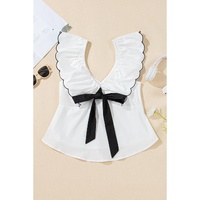 White Contrast Bow Ruffle Trim V Neck Blouse - M thumbnail
