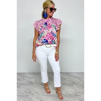 Pink Floral Mixed Print Ruffle Cap Sleeve Blouse - L thumbnail