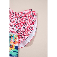 Red Floral Mixed Print Ruffle Cap Sleeve Blouse - M thumbnail