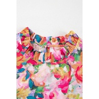 Multicolour Lace Trim Ruffle Short Sleeve Floral Blouse - L thumbnail