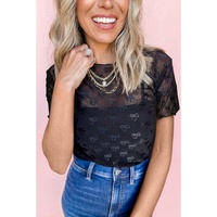 Black Bowknot Sheer Mesh Mock Neck Lettuce Trim Short Sleeve Top - L thumbnail