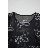 Black Round Neck Bow Print Long Sleeve Mesh Top - L thumbnail