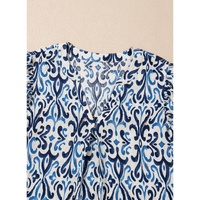 Sky Blue Boho Abstract Print Pintuck Detail Ruffled Top - L thumbnail