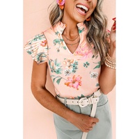 Pink Floral Print Frilled V Neck Pleated Sleeve Blouse - L thumbnail