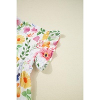 Yellow Floral Boxy Fit Ruffled Short Sleeve V Neck Blouse - L thumbnail