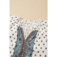 White Boho Pattern Tiered Ruffled Sleeve V Neck Buttoned Blouse - S thumbnail