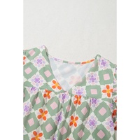 Green Geometric Floral Print Layered Flutter Sleeve V Neck Ric Rac Trim Blouse - M thumbnail