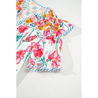 Pink Floral Print Striped Detail Split Neck Short Sleeve Blouse - L thumbnail