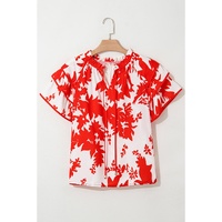Red Plant Print Tiered Ruffled Sleeve V Neck Blouse - M thumbnail