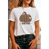 White Hello Fall Leopard Pumpkin Graphic T Shirt - M thumbnail