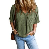 Azura Exchange Jungle Green Corded V Neck Chest Pocket Loose T-shirt - L thumbnail