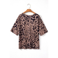 Brown Leopard Print V Neck Half Sleeve Oversized Tee - L thumbnail