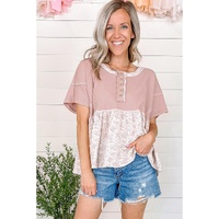 Pink Waffle Floral Patchwork Exposed Seam Detail Short Sleeve Top - L thumbnail