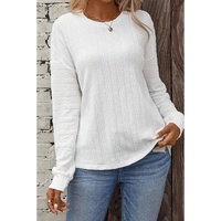 White Round Neck Drop Shoulder Textured Knit Top - S thumbnail