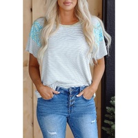 White Stripe Floral Insert Sleeves Contrast Round Neck Tee - L thumbnail