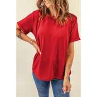 Red Casual Plain Crew Neck Tee - L thumbnail