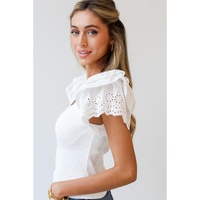 White Eyelet Ruffle Sleeve Slim Fitted Top - L thumbnail