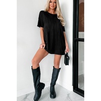 Black Solid Color Round Neck Basic Tunic T Shirt - L thumbnail