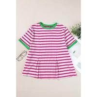 Rose Stripe Contrast Trim Crew Neck Loose Short Sleeve Top - L thumbnail