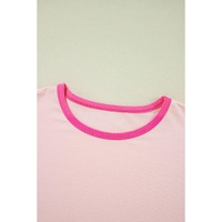 Pink Color Block Stitching Sleeve Round Neck Oversize Top - 2XL thumbnail