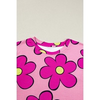 Pink Flower Print Round Neck Cap Sleeve T Shirt - L thumbnail