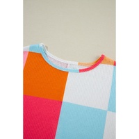 Light Blue Waffle Knit Colorblock Loose T Shirt - S thumbnail