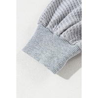 Light Grey Waffle Patchwork Long Sleeve Raw Hem Pullover Top - L thumbnail