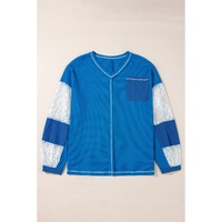 Sky Blue Lace Floral Patchwork Sleeve Stitching V Neck Rib Knit Blouse - L thumbnail