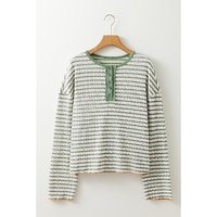 Green Stripe Textured Frilly Trim Buttons Henley Long Sleeve Top - L thumbnail
