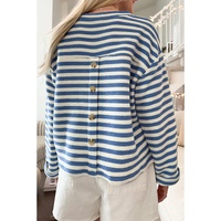 Sky Blue Stripe Chest Pocket Buttoned Back Notched V Neck Top - L thumbnail