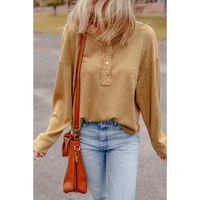 Camel Textured Knit Half Button Drop Shoulder Oversized Top - L thumbnail