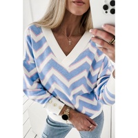 Sky Blue Zigzag Striped Print V Neck Oversized Top - L thumbnail