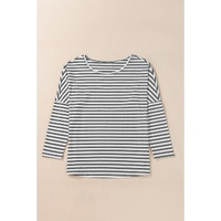 Gray Stripe Drop Sleeve Round Neck Oversized Long Sleeve Top - L thumbnail