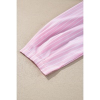 Pink Stripe Bowknot Front Crew Neck Puff Sleeve Blouse - L thumbnail